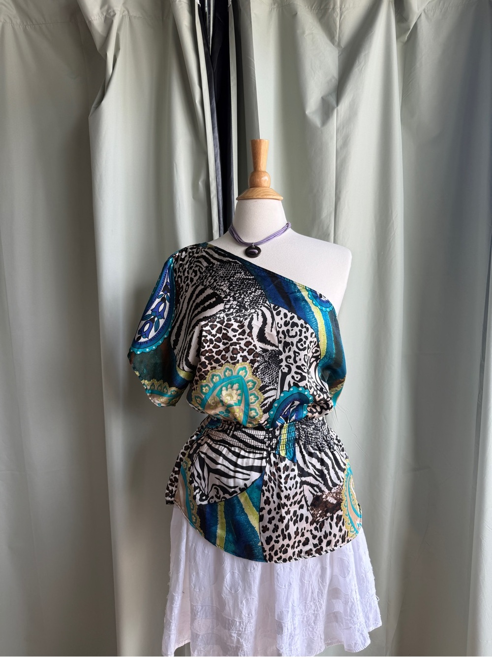 Pur One-Shoulder Teal, Black & White Animal Print Blouse